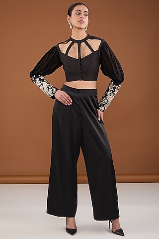 Black Viscose Organza Thread Work Co-Ord Set by Cheena Singh