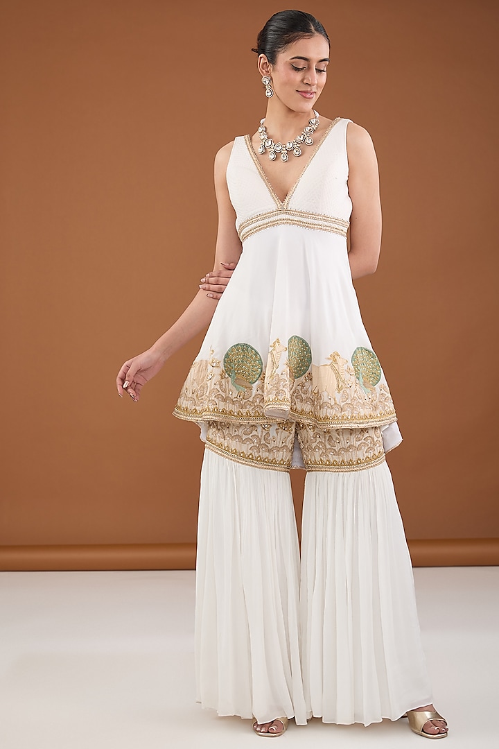 White Chinon Chiffon Zari & Sequins Embellished Gharara Set by Cheena Singh