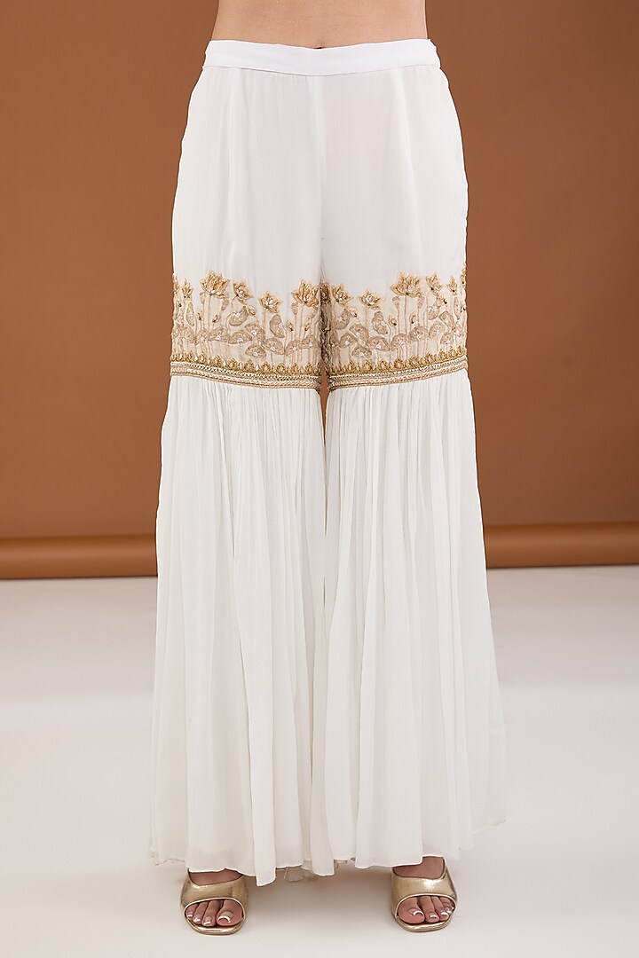 White Chinon Chiffon Zari & Sequins Embellished Gharara Set by Cheena Singh at Pernia's Pop Up Shop