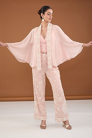 Peach Viscose Organza Applique Embroidered Cape Set by Cheena Singh