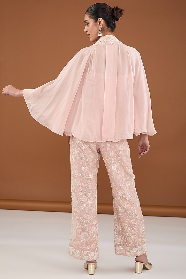 Peach Viscose Organza Applique Embroidered Cape Set by Cheena Singh at Pernia's Pop Up Shop