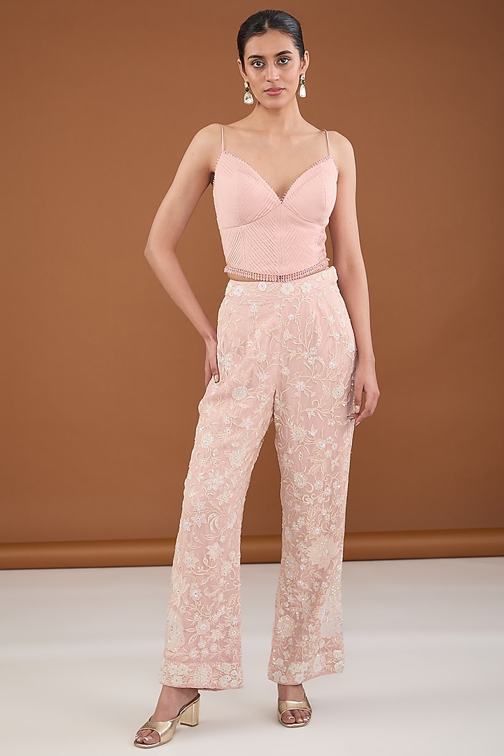 Peach Viscose Organza Applique Embroidered Cape Set by Cheena Singh at Pernia's Pop Up Shop