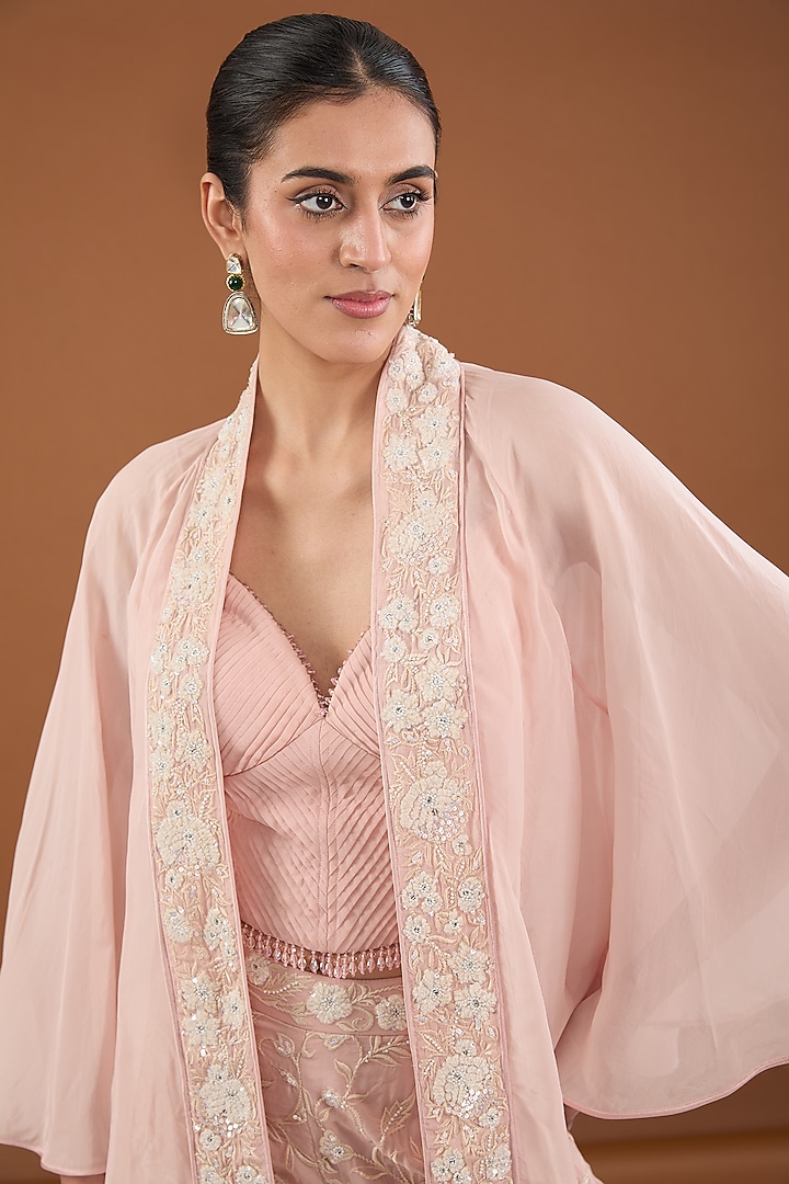 Peach Viscose Organza Applique Embroidered Cape Set by Cheena Singh at Pernia's Pop Up Shop