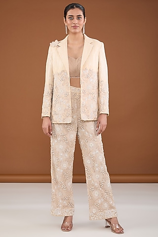 Beige Viscose Organza Applique Embroidered Jacket Set by Cheena Singh