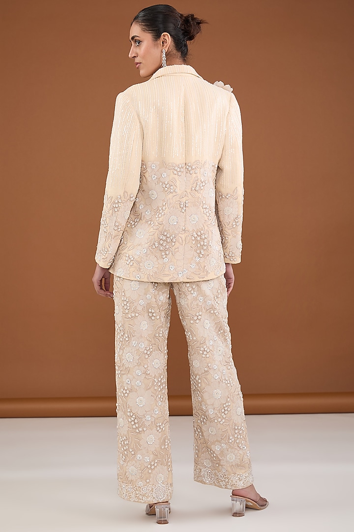 Beige Viscose Organza Applique Embroidered Jacket Set by Cheena Singh at Pernia's Pop Up Shop