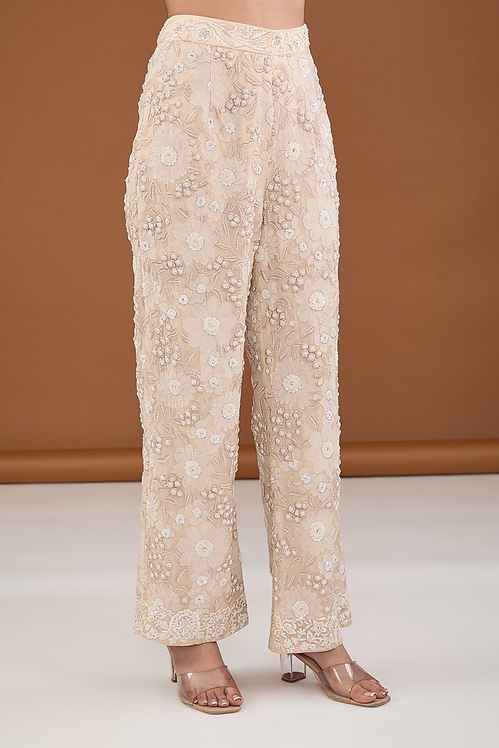 Beige Viscose Organza Applique Embroidered Jacket Set by Cheena Singh at Pernia's Pop Up Shop