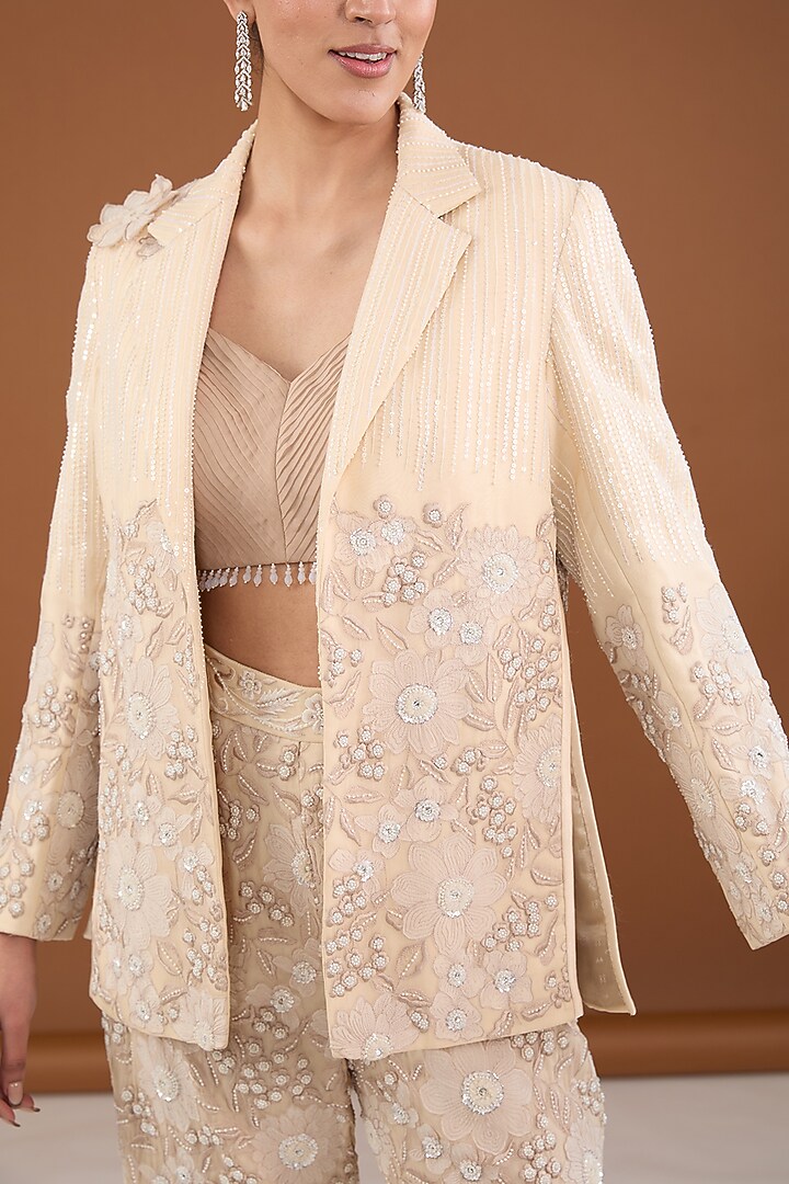 Beige Viscose Organza Applique Embroidered Jacket Set by Cheena Singh at Pernia's Pop Up Shop