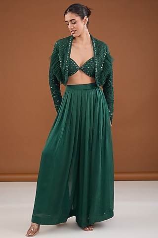 Green Satin Organza Dori & Crystal Embroidered Bolero Jacket Set by Cheena Singh