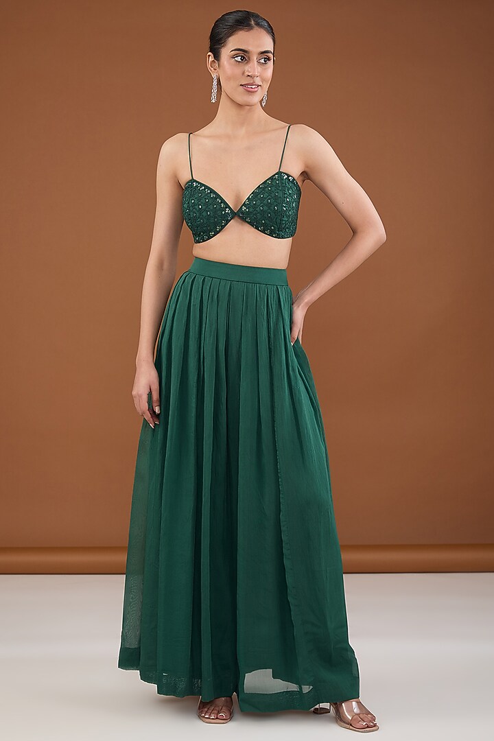 Green Satin Organza Dori & Crystal Embroidered Bolero Jacket Set by Cheena Singh at Pernia's Pop Up Shop