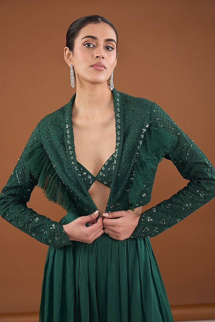 Green Satin Organza Dori & Crystal Embroidered Bolero Jacket Set Design by  Cheena Singh at Pernia's Pop Up Shop 2026