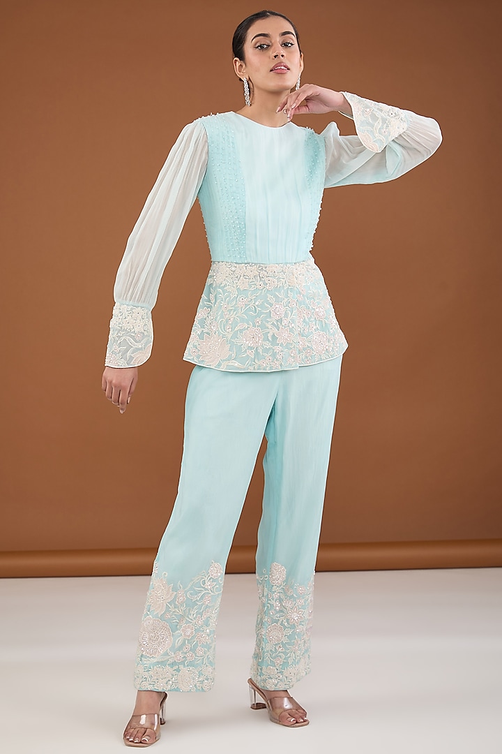 Turquoise Blue Viscose Organza Applique Embroidered Co-Ord Set by Cheena Singh