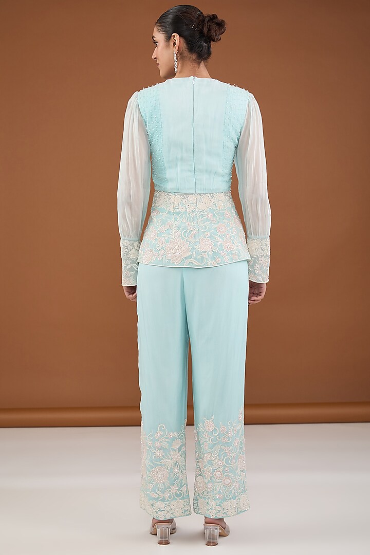Turquoise Blue Viscose Organza Applique Embroidered Co-Ord Set by Cheena Singh at Pernia's Pop Up Shop