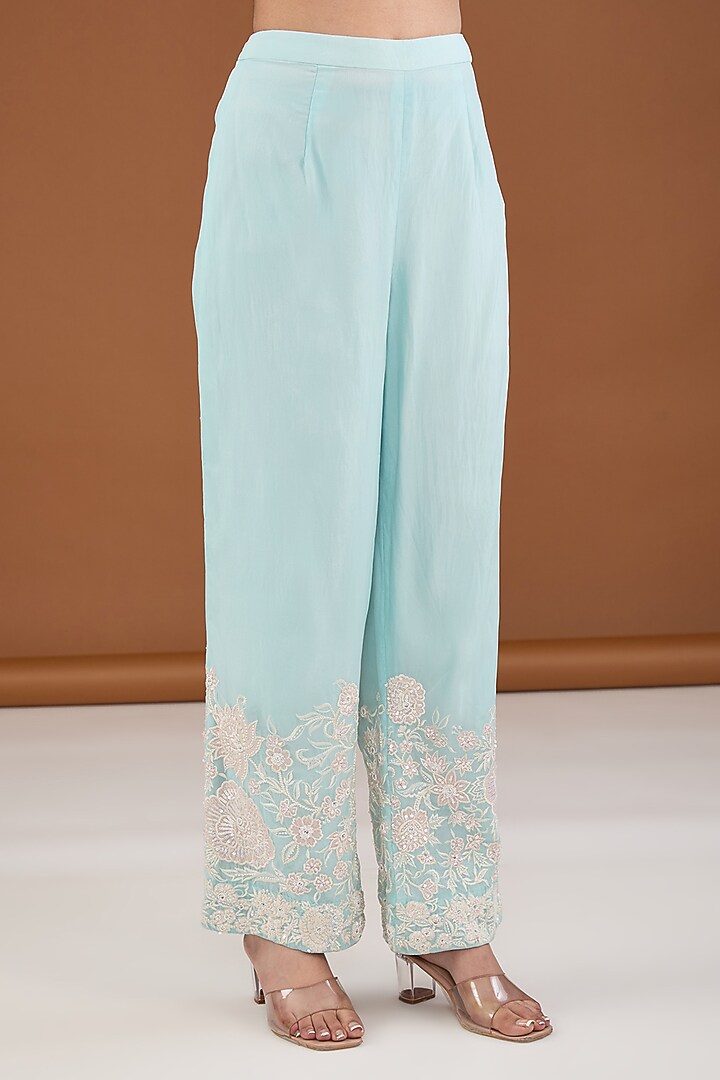 Turquoise Blue Viscose Organza Applique Embroidered Co-Ord Set by Cheena Singh at Pernia's Pop Up Shop