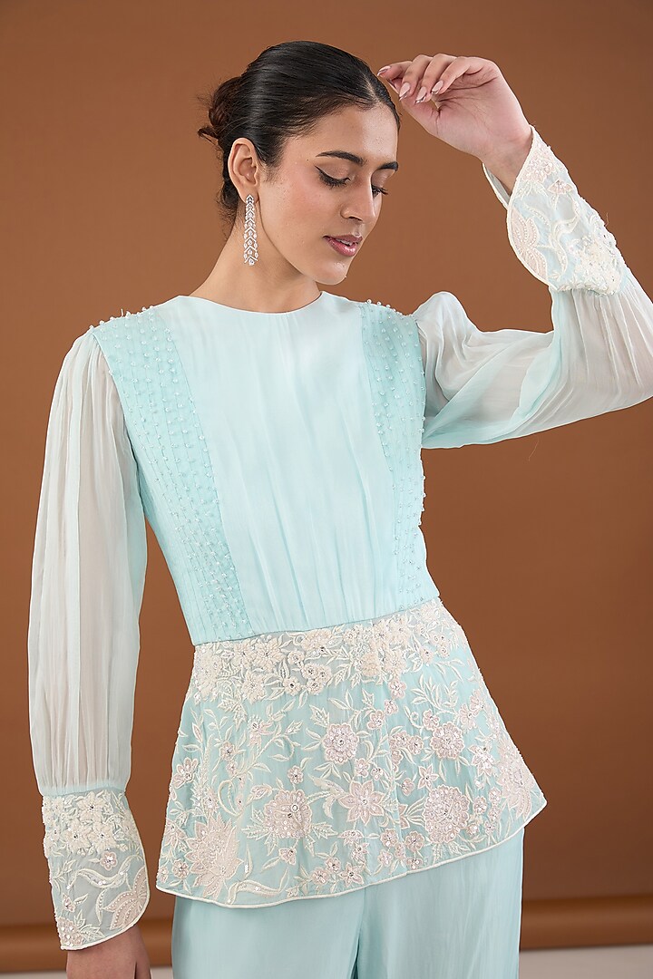 Turquoise Blue Viscose Organza Applique Embroidered Co-Ord Set by Cheena Singh at Pernia's Pop Up Shop
