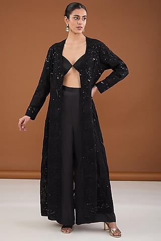 Black Viscose Organza Dori & Sequins Embroidered Jacket Set by Cheena Singh