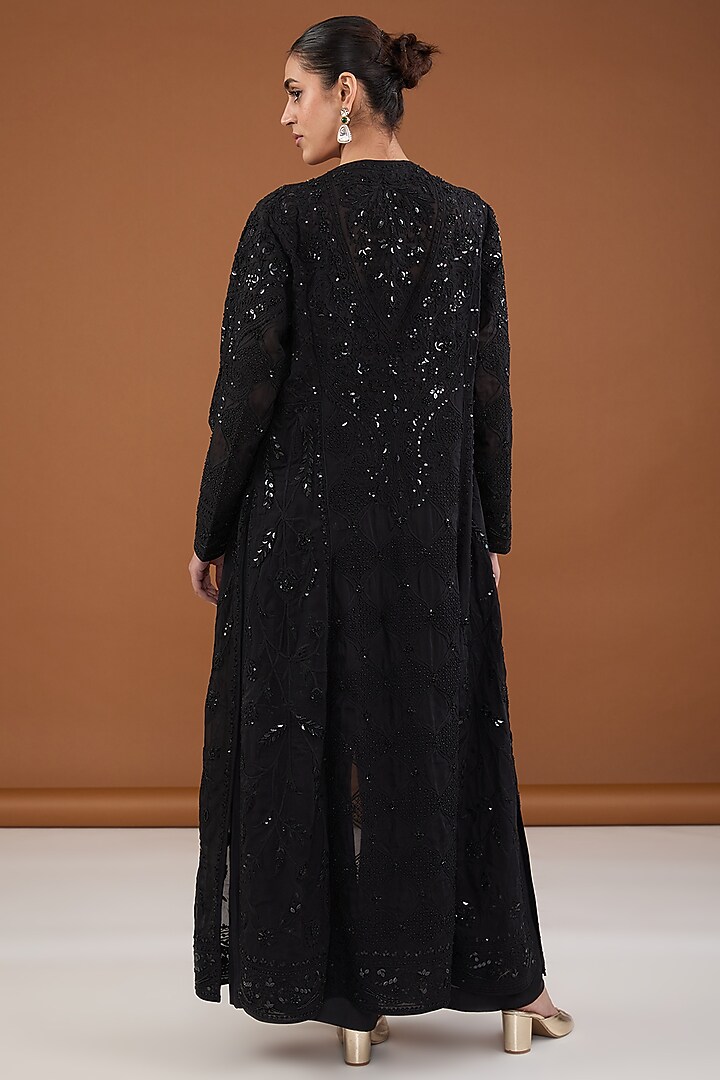 Black Viscose Organza Dori & Sequins Embroidered Jacket Set by Cheena Singh at Pernia's Pop Up Shop