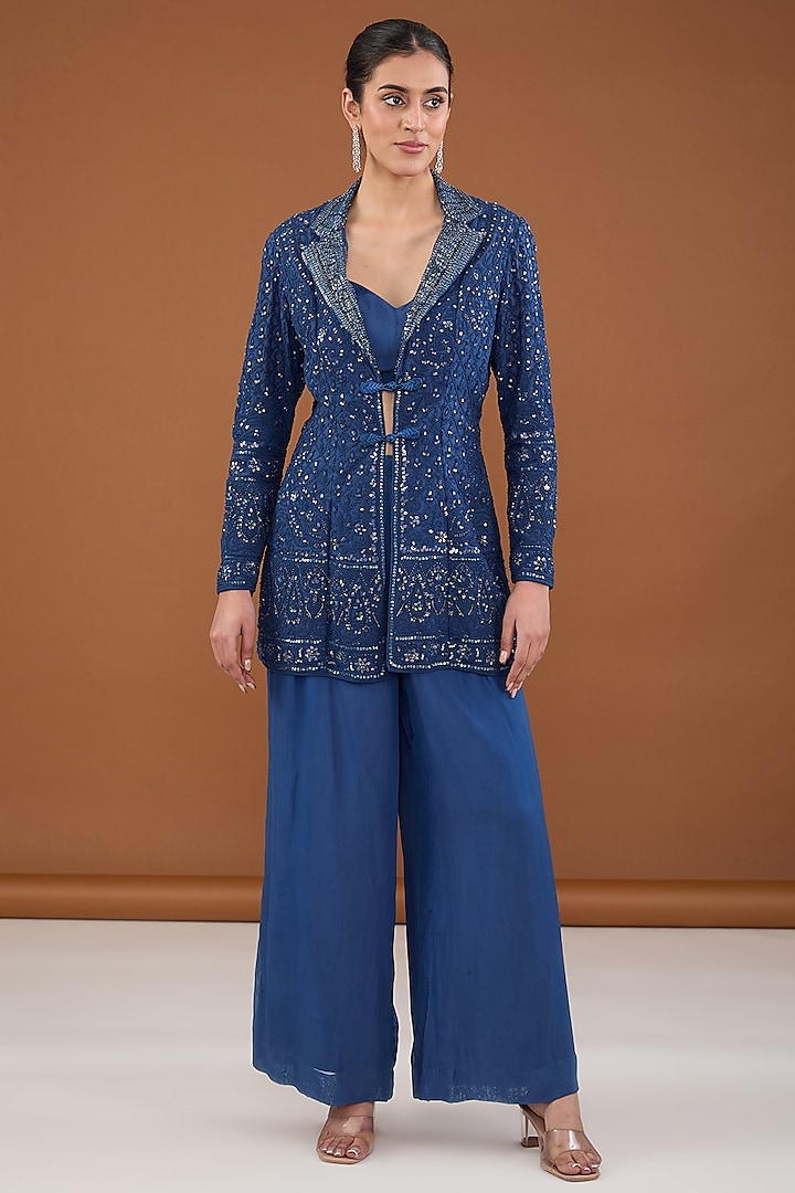 Blue Viscose Organza Dori & Sequins Embroidered Jacket Set by Cheena Singh