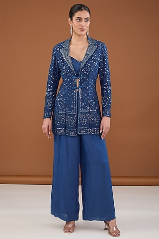 Blue Viscose Organza Dori & Sequins Embroidered Jacket Set by Cheena Singh