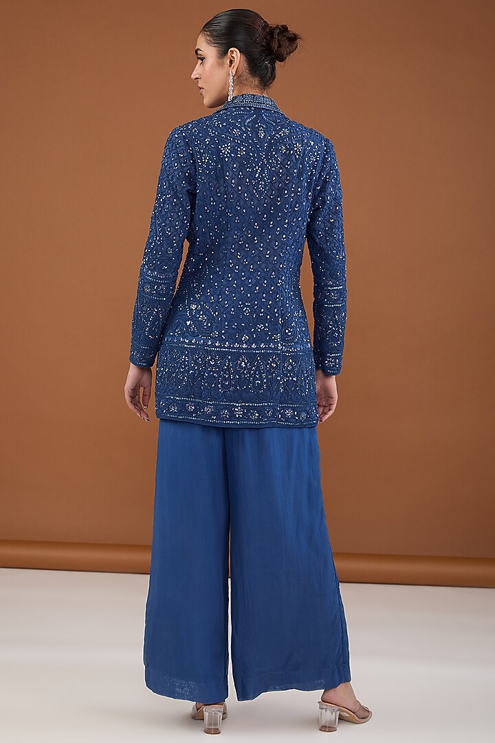 Blue Viscose Organza Dori & Sequins Embroidered Jacket Set by Cheena Singh at Pernia's Pop Up Shop