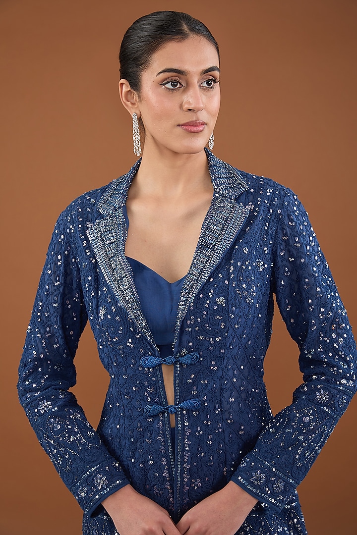 Blue Viscose Organza Dori & Sequins Embroidered Jacket Set by Cheena Singh at Pernia's Pop Up Shop