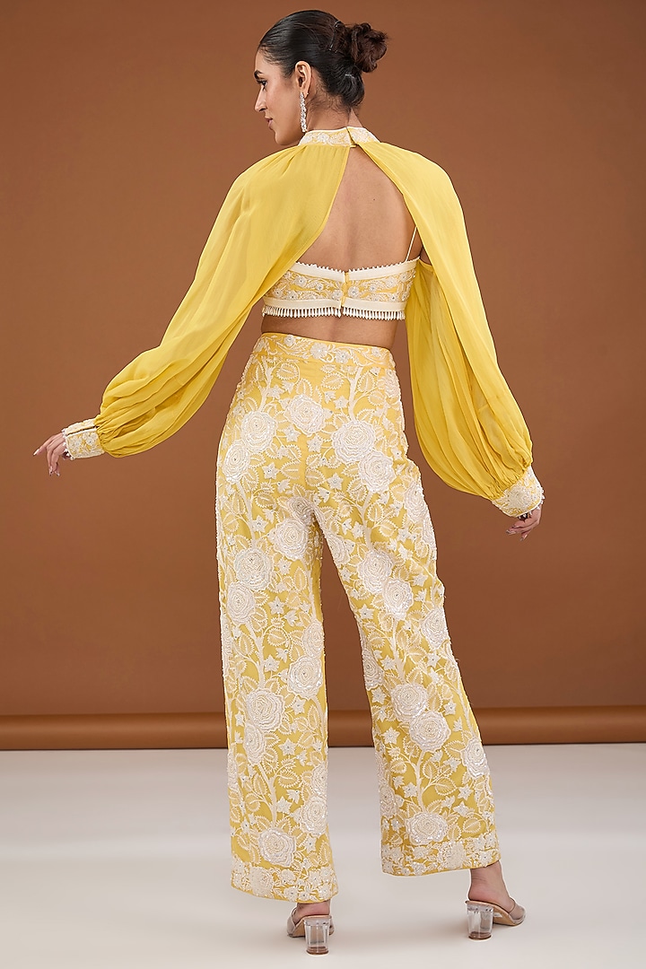 Yellow Viscose Organza Applique Embroidered Co-Ord Set by Cheena Singh at Pernia's Pop Up Shop