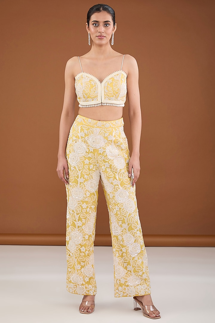 Yellow Viscose Organza Applique Embroidered Co-Ord Set by Cheena Singh at Pernia's Pop Up Shop