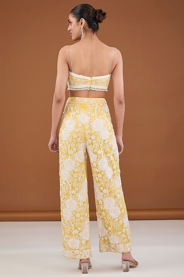 Yellow Viscose Organza Applique Embroidered Co-Ord Set by Cheena Singh at Pernia's Pop Up Shop