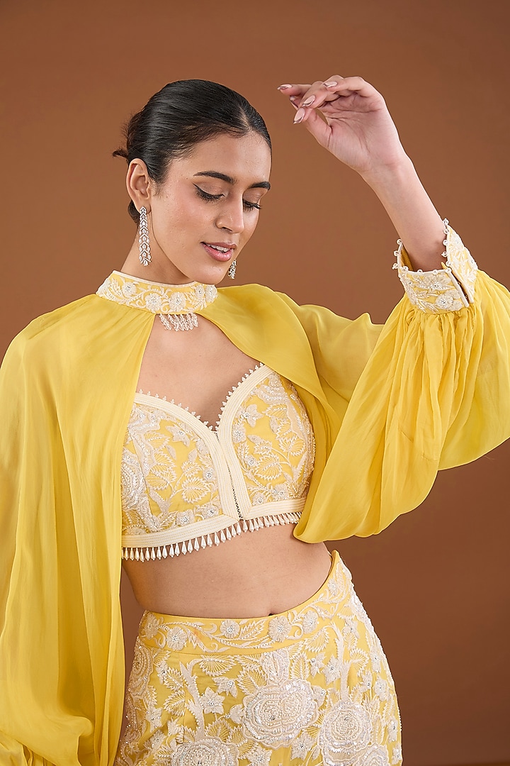 Yellow Viscose Organza Applique Embroidered Co-Ord Set by Cheena Singh at Pernia's Pop Up Shop