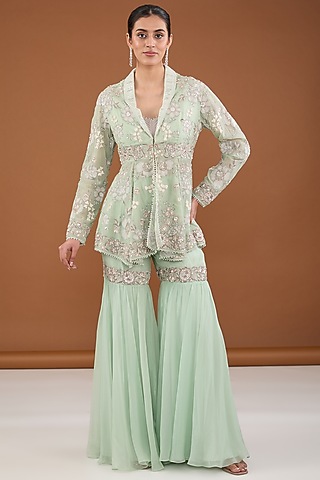 Metallic Green Viscose Organza Applique Embroidered Gharara Set by Cheena Singh