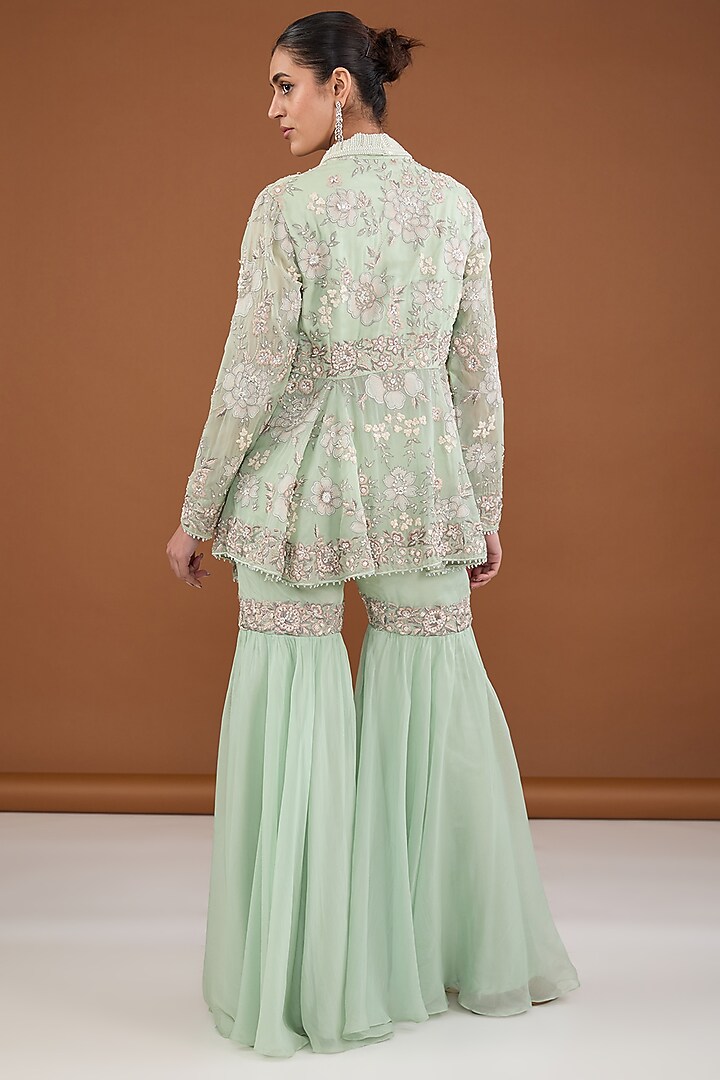 Metallic Green Viscose Organza Applique Embroidered Gharara Set by Cheena Singh at Pernia's Pop Up Shop