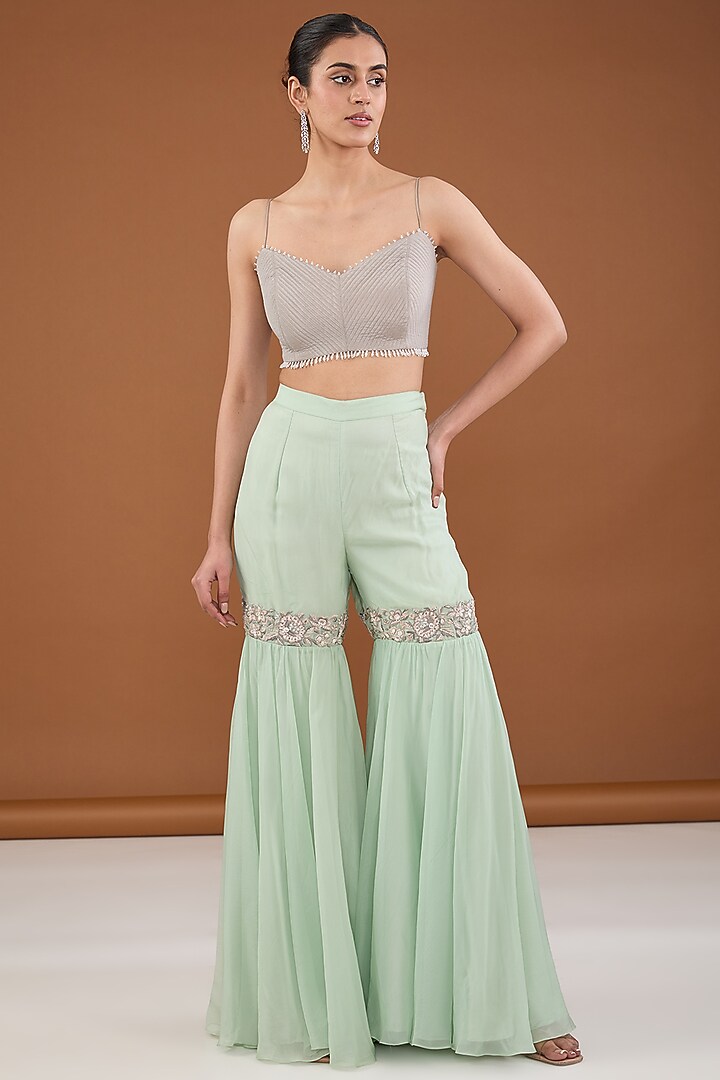 Metallic Green Viscose Organza Applique Embroidered Gharara Set by Cheena Singh at Pernia's Pop Up Shop