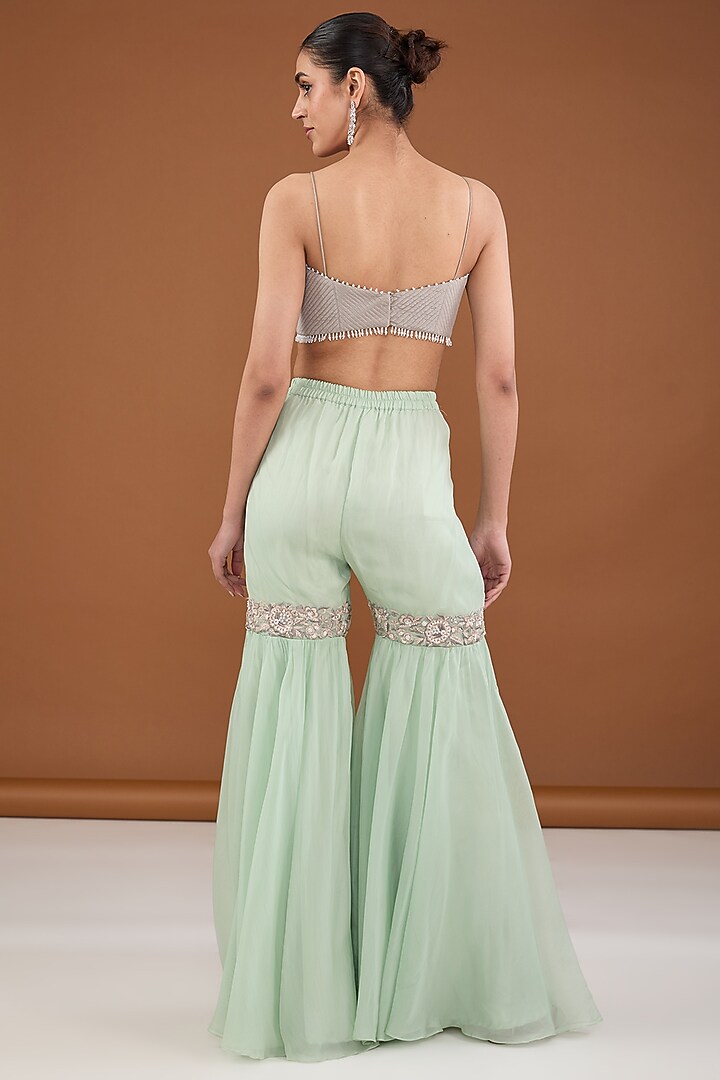Metallic Green Viscose Organza Applique Embroidered Gharara Set by Cheena Singh at Pernia's Pop Up Shop