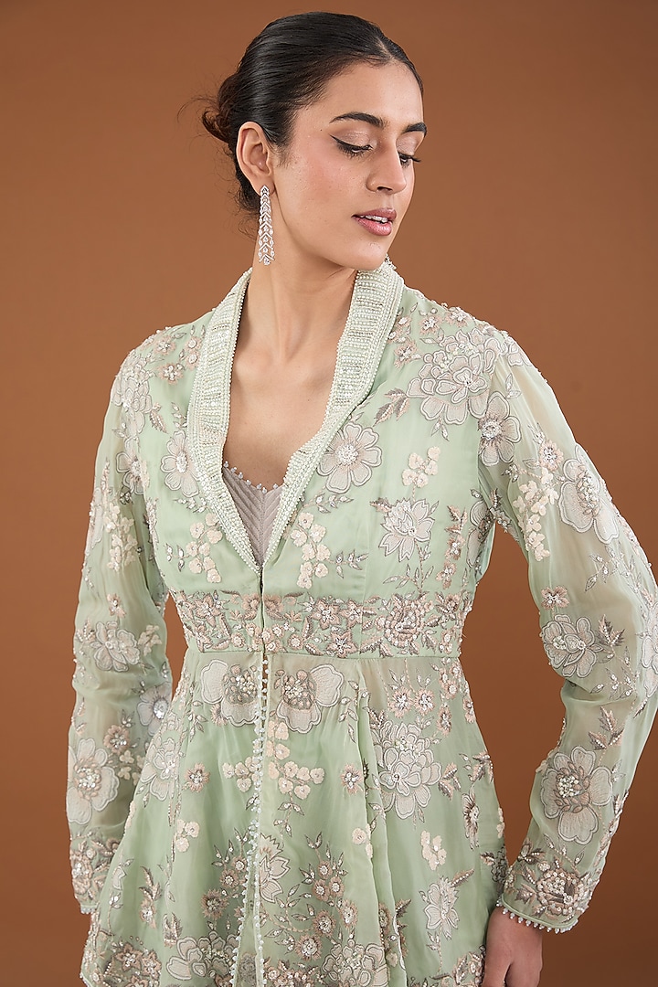 Metallic Green Viscose Organza Applique Embroidered Gharara Set by Cheena Singh at Pernia's Pop Up Shop