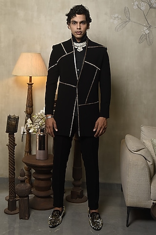 Black Rayon Jacket Set by CHANDRESH NATHANI