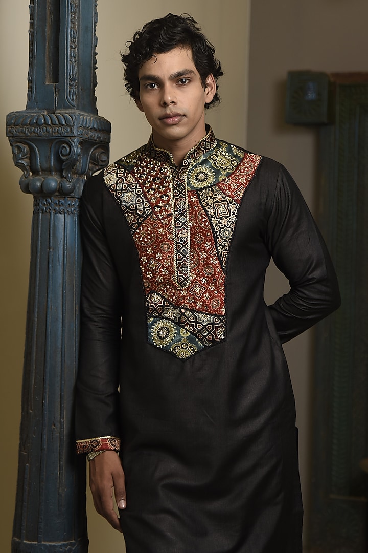 Black Bhagalpuri Silk Embroidered Kurta Set by CHANDRESH NATHANI at Pernia's Pop Up Shop