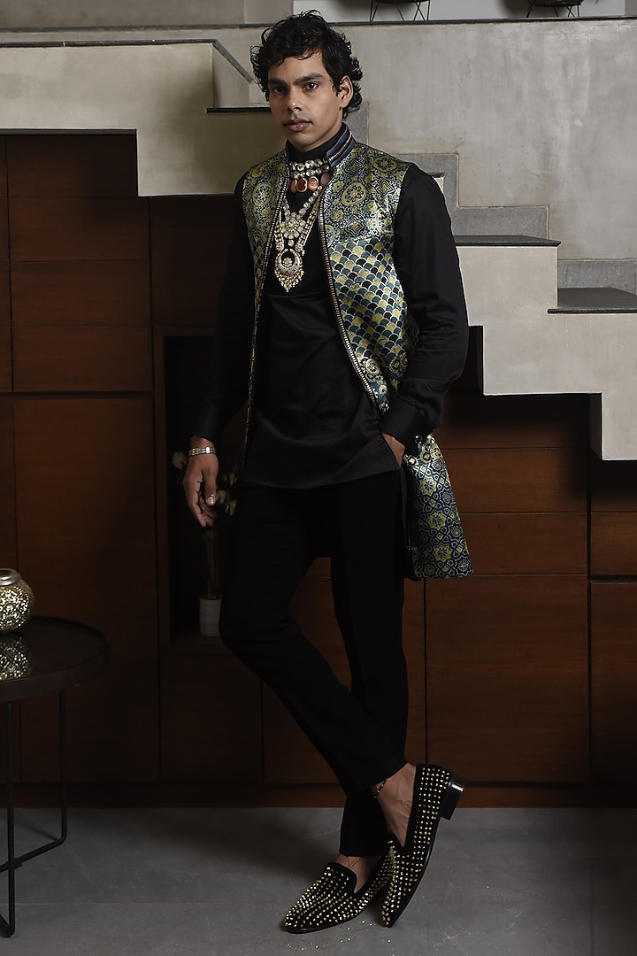 Green Modal Silk Embroidered Wedding Indowestern Jacket With Kurta by CHANDRESH NATHANI at Pernia's Pop Up Shop