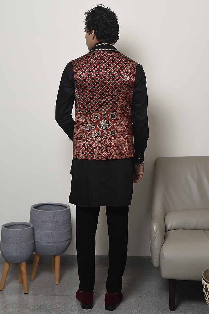 Red Modal Silk Printed Waistcoat With Kurta by CHANDRESH NATHANI at Pernia's Pop Up Shop