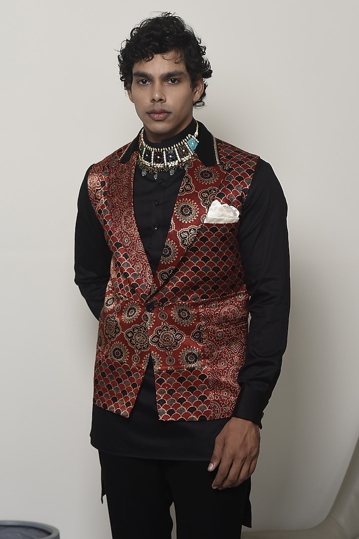 Red Modal Silk Printed Waistcoat With Kurta by CHANDRESH NATHANI at Pernia's Pop Up Shop