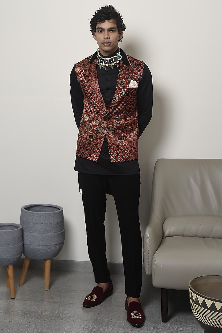 Red Modal Silk Printed Waistcoat With Kurta by CHANDRESH NATHANI at Pernia's Pop Up Shop