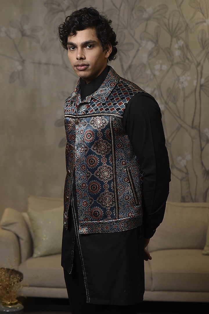 Blue Modal Silk Printed Jacket With Kurta by CHANDRESH NATHANI at Pernia's Pop Up Shop