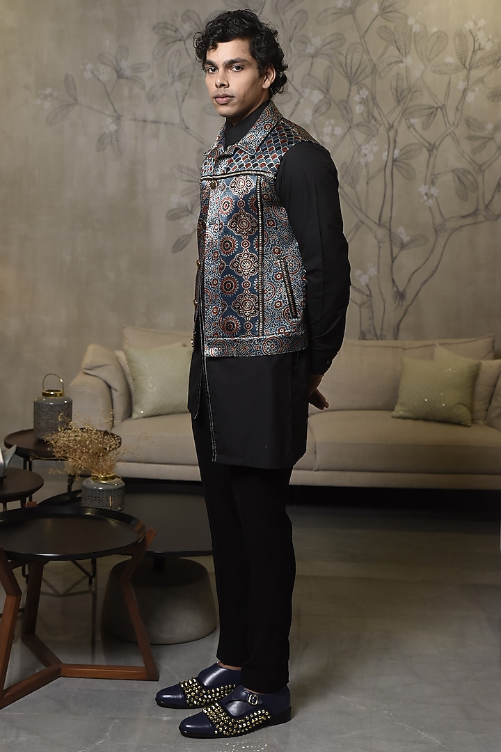 Blue Modal Silk Printed Jacket With Kurta by CHANDRESH NATHANI at Pernia's Pop Up Shop