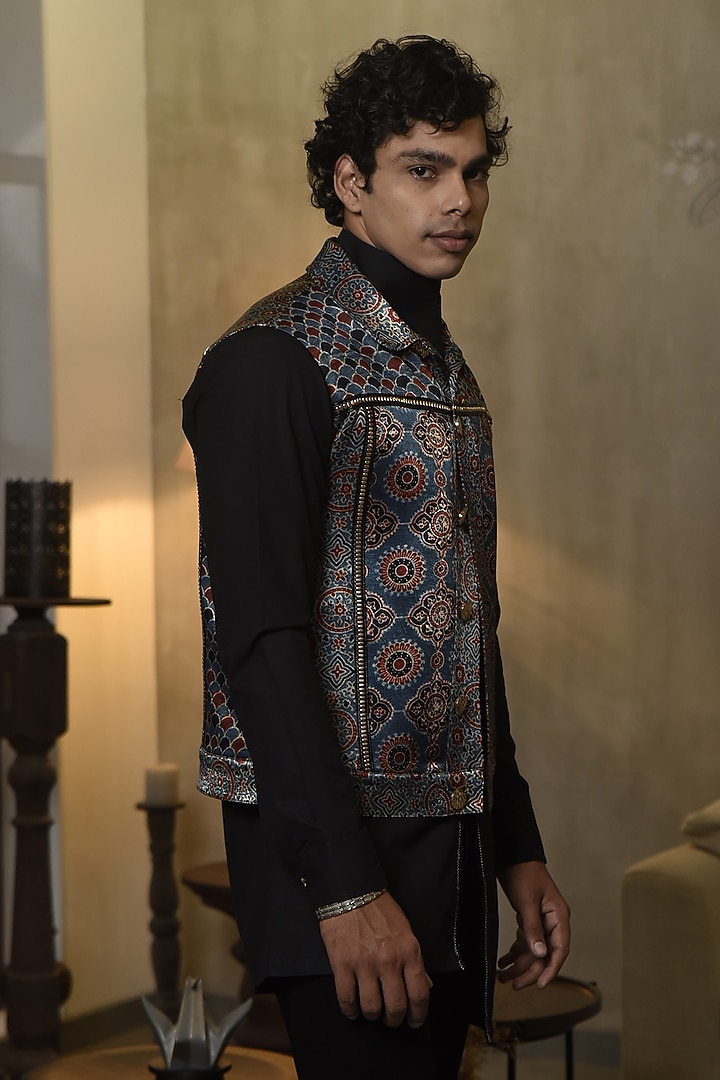 Blue Modal Silk Printed Jacket With Kurta by CHANDRESH NATHANI at Pernia's Pop Up Shop