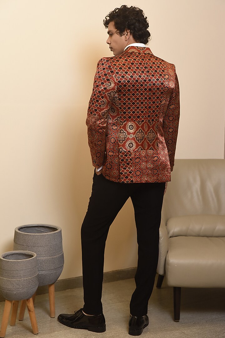 Red Modal Silk Printed Tuxedo Set by CHANDRESH NATHANI at Pernia's Pop Up Shop