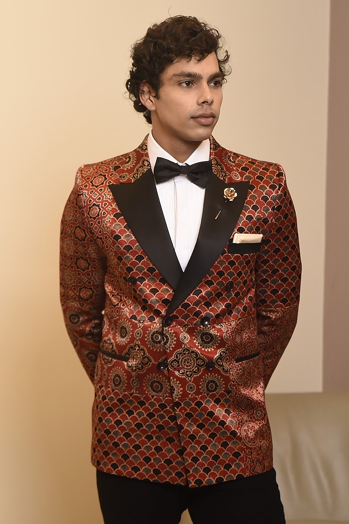 Red Modal Silk Printed Tuxedo Set by CHANDRESH NATHANI at Pernia's Pop Up Shop