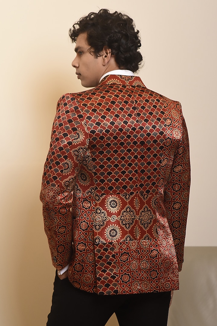Red Modal Silk Printed Tuxedo Set by CHANDRESH NATHANI at Pernia's Pop Up Shop