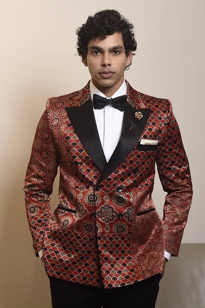 Red Modal Silk Printed Tuxedo Set by CHANDRESH NATHANI at Pernia's Pop Up Shop
