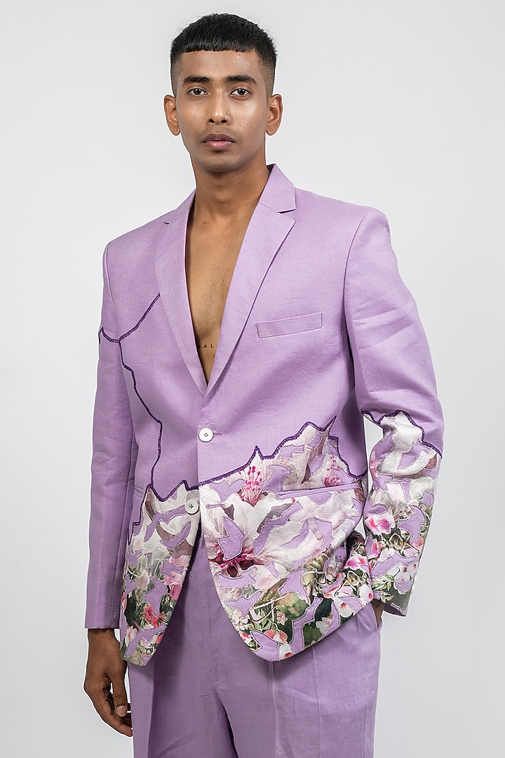 Lilac Linen Printed & Embroidered Jacket by CHANDRESH NATHANI