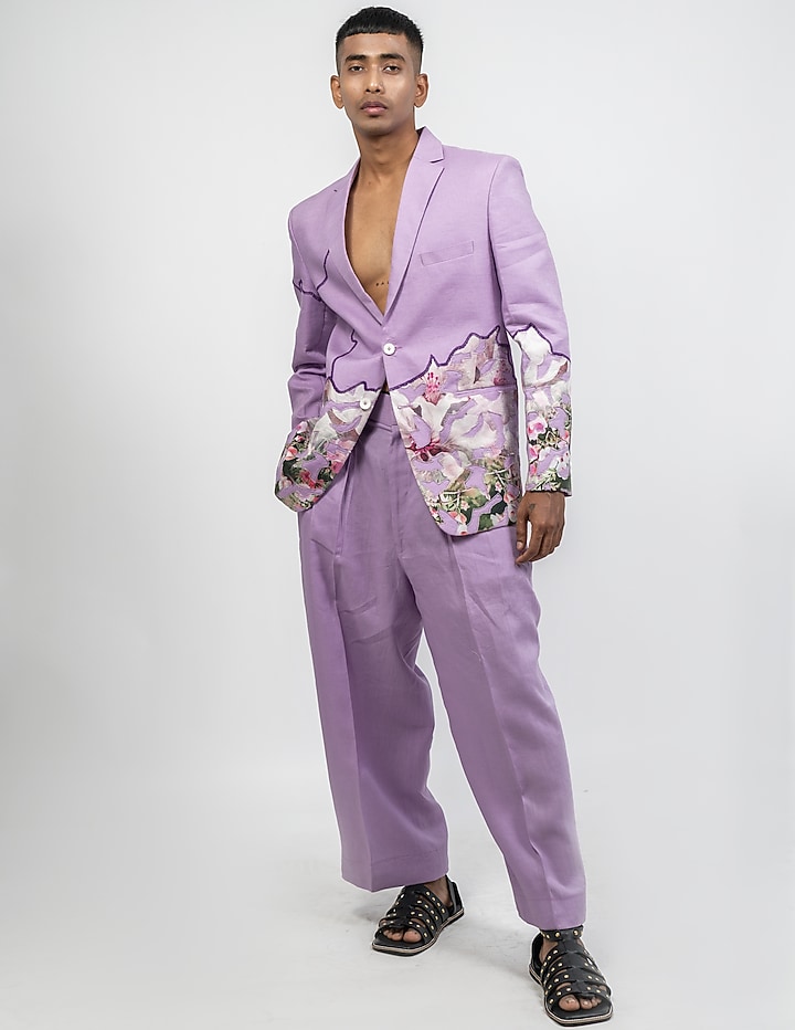 Lilac Linen Printed & Embroidered Jacket by CHANDRESH NATHANI at Pernia's Pop Up Shop