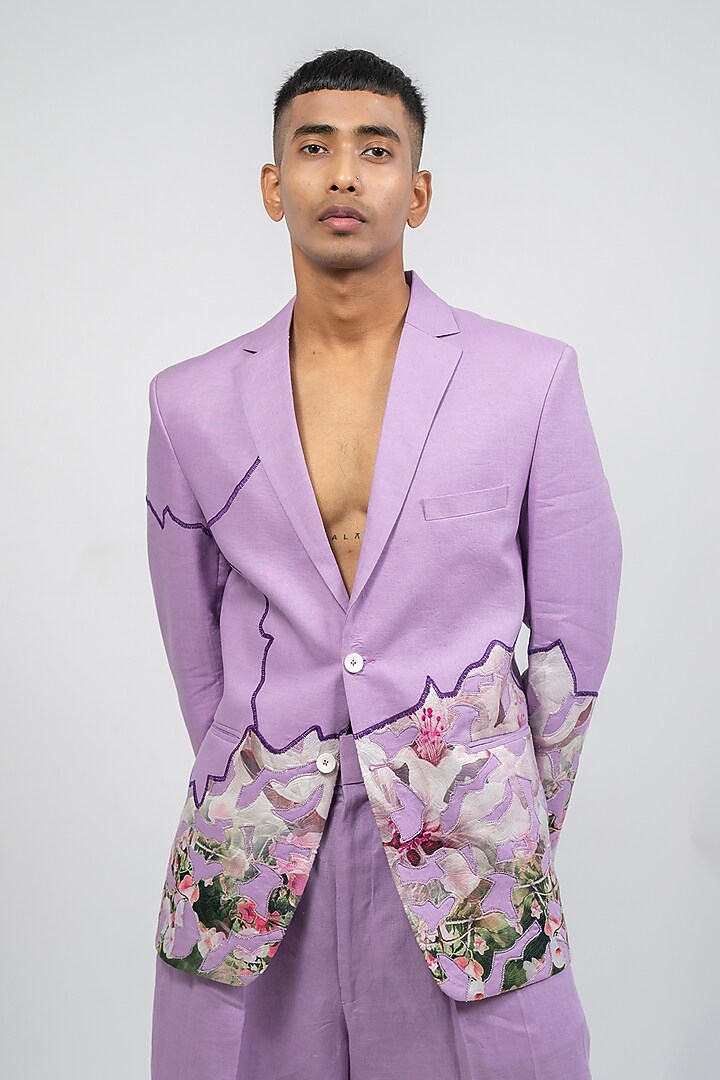 Lilac Linen Printed & Embroidered Jacket by CHANDRESH NATHANI at Pernia's Pop Up Shop