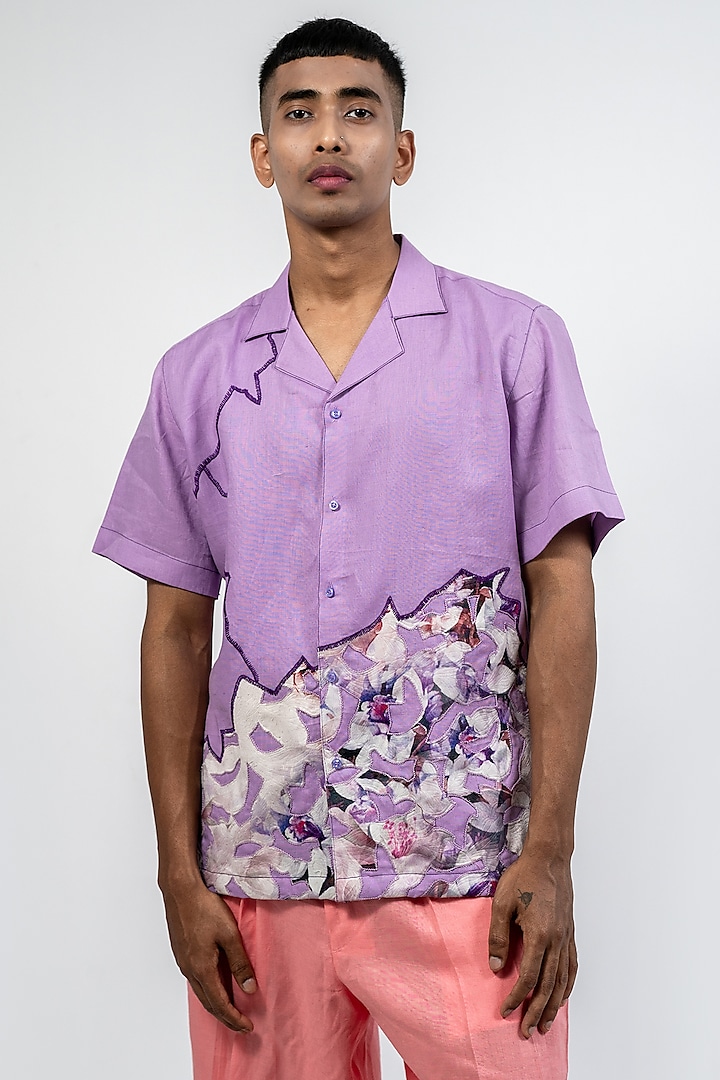 Lilac Linen Printed & Embroidered Shirt by CHANDRESH NATHANI